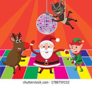 Cute cartoon style illustration Christmas characters partying while Krampus is trying to sabotage the party by cutting the disco ball above