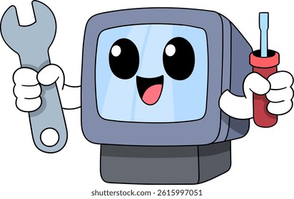 A cute cartoon style illustration of a computer character holding a screwdriver and wrench, symbolizing tech support or repair services.