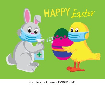 Cute cartoon style illustration of Easter bunny and chick disinfecting Easter egg