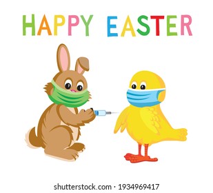 Cute cartoon style illustration of Easter Bunny vaccinating chick