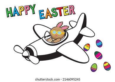 Cute cartoon style illustration of Easter Bunny flying a plane