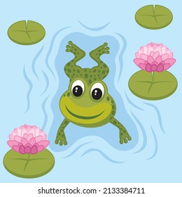 Cute cartoon style illustration of a frog swimming 