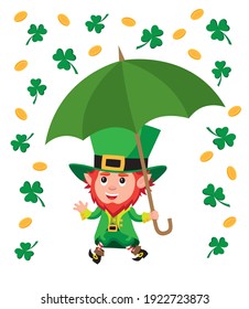 Cute cartoon style illustration of leprechaun carrying green umbrella