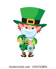 Cute cartoon style illustration of leprechaun wearing face mask 