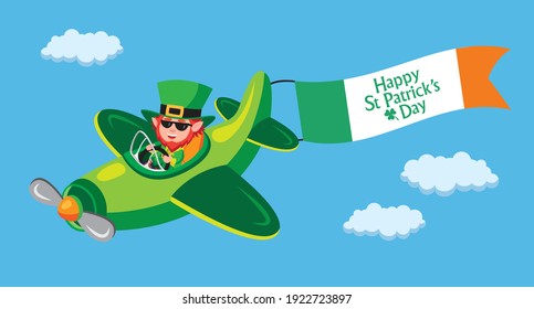 Cute cartoon style illustration of leprechaun flying airplane