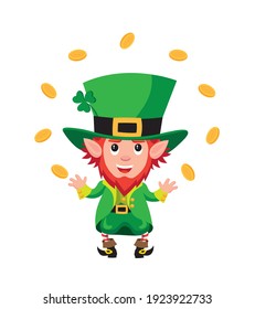 Cute cartoon style illustration of leprechaun juggling gold coins