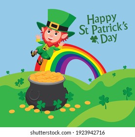 Cute cartoon style illustration of leprechaun sliding down rainbow towards pot of gold