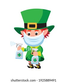 Cute cartoon style illustration of leprechaun wearing face mask and carrying two bottles of disinfectant
