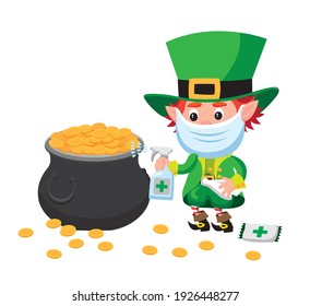Cute cartoon style illustration of leprechaun wearing face mask while disinfeting pot of gold