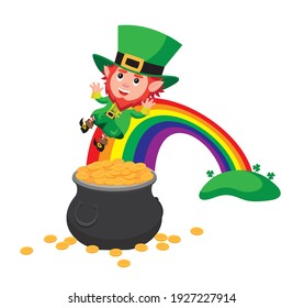 Cute cartoon style illustration of leprechaun sliding down rainbow towards pot of gold