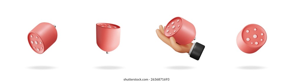 Cute cartoon style illustration of a piece of sausage with white fat spots shown from various angles with one hand holding it.