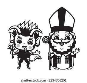 Cute cartoon style illustration of Saint Nicholas and Krampus