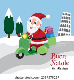 Cute cartoon style illustration of Santa Claus on a scooter