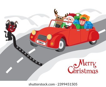 Cute cartoon style illustration of Santa Claus, a reindeer and an elf delivering Christmas presents in a car while Krampus is trying to sabotage them