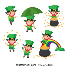 Cute cartoon style illustration set of leprechauns