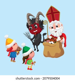 Cute cartoon style illustration of St Nicholas and Krampus