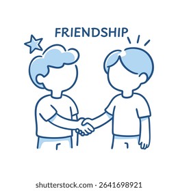 Cute cartoon style illustration of two boys shaking hands with the word  Friendship  above them. Perfect for friendship themes, children’s content, education, and social connection visuals.