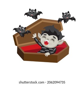 Cute cartoon style illustration of a vampire waking up in his coffin
