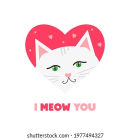 
Cute cartoon style illustration with white cat in pink heart. I meow you. Valentine’s Day card. Love and appreciation concept.
