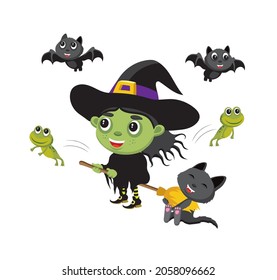 Cute cartoon style illustration of a witch riding a broomstick