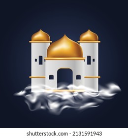 Cute cartoon style islamic mosque with cloud