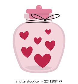 Cute cartoon style jar filled with hearts.
