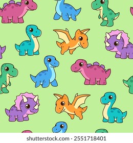 Cute cartoon style kawaii dinos seamless pattern, background. Dinosaurs characters, vector kids illustration