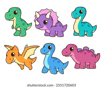 Cute cartoon style kawaii dinos, dinosaurs characters, set of vector kids illustration