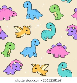 Cute cartoon style kawaii dinos seamless pattern, background. Dinosaurs characters, vector kids illustration