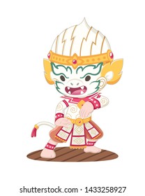 Cute cartoon style Khon Thai Hanuman performing vector illustration