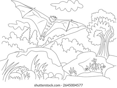 Cute cartoon style line drawing of a flying bat in a nature scene with hills, trees, rocks, grass, and flowers, for coloring.
