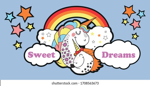 Cute cartoon style mama unicorn with daughter unicorn, starry sky, bright rainbow with clouds. Horizontal banner. Elements for kids room decoration, book, wall sticker, postcard, invitation. 