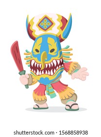 Cute cartoon style of a man wearing Thai cultural Phi ta Khon mask holding wooden red sword illustration