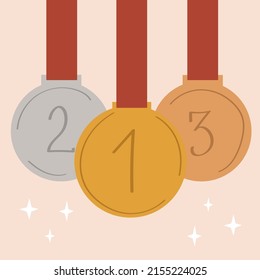 Cute cartoon style medals with red ribbon