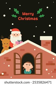 Cute cartoon style Merry Christmas illustration poster. Santa Claus and reindeer are on the roof. A little girl is making a wish. 