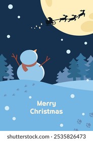 Cute cartoon style Merry Christmas illustration poster. A little snowman is looking at the Santa's sleigh.