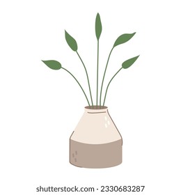 Cute cartoon style modern flowerpot. Green leaves in a ceramic vase.