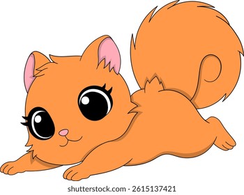 Cute cartoon style musang civet with orange fur in a playful, stretching pose. Large expressive eyes