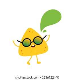 Cute cartoon style nachos chip, tortilla chip character with speech bubble, talking, giving advice or information.
