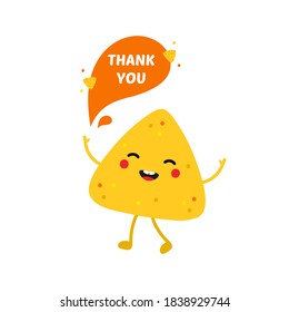 Cute cartoon style nachos chip character happy and smiling, saying thank you.