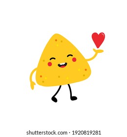 Cute cartoon style nachos, tortilla chip character holding in hand red heart. Love, appreciation and support concept.
