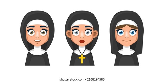 Cute Cartoon Style Nun Icons Set. Vector illustration