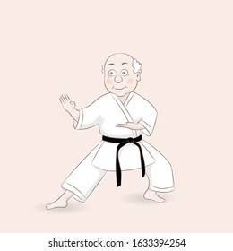 Cute cartoon style old man Karate master in fighting stance.Healthy lifestyle.Vector illustration.