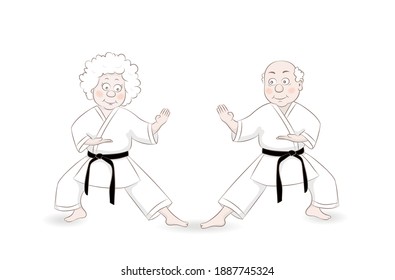 Cute Cartoon Stil alten Mann und alte Frau Karate Meister in der Kampfposition.Gesunde Lifestyle.Vektorgrafik.