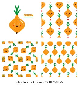 Cute cartoon style onion character and set, collection of three onion, onion bulbs vector seamless pattern backgrounds. 