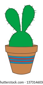 Cute cartoon style Opuntia Microdasys polca dot cactus with two bunny ears in brown striped pot vector drawing