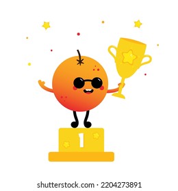 Cute Cartoon Style Orange Fruit Character Winner Celebrating First Place, Standing On Pedestal And Holding Challenge Cup, Trophy In Hand.
