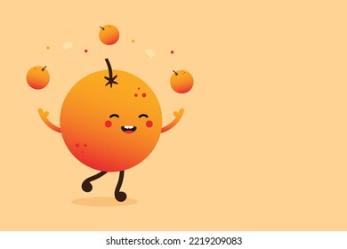 Cute cartoon style orange fruit character with little oranges and seeds card template with copy space for text, information, notification.
