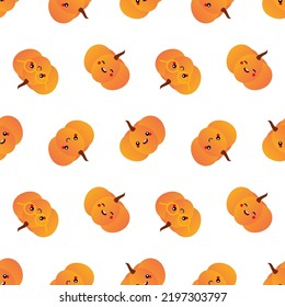 Cute cartoon style orange pumpkin characters vector seamless pattern background for autumn, harvest, thanksgiving design.
