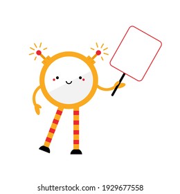 Cute cartoon style orange robot character, toy with long legs holding empty, blank sign, banner in hand. Vector icon, illustration.